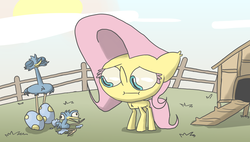 Size: 2000x1136 | Tagged: safe, artist:switchy, fluttershy, bird, g4, :i, big head, egg