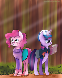Size: 3200x4000 | Tagged: safe, artist:bukaa-a, pinkie pie, twilight sparkle, g4, book, clothes, crossover, dipper pines, gravity falls, hat, journal #3, mabel pines, male, skirt
