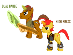 Size: 800x600 | Tagged: safe, artist:salted pingas, edit, oc, oc only, oc:dual gauge, oc:high brass, pony, unicorn, fallout equestria, fallout equestria: sweet child of mine, armor, clothes, father and son, gun, hoofberg 590, male, nudity, s&m model 29, sheath, sheathed, simple background, text, transparent background, vector