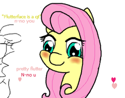 Size: 267x209 | Tagged: safe, artist:lockheart, fluttershy, g4, blushing, cute, female, flockmod, heart, simple background, smiling, solo, text, white background