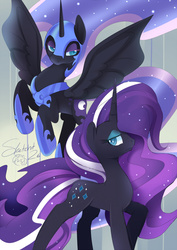 Size: 601x850 | Tagged: safe, artist:ende26, nightmare moon, nightmare rarity, g4, duality, flying, looking at you, raised hoof, self ponidox, spread wings, time paradox