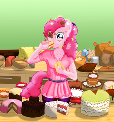 Size: 2496x2666 | Tagged: safe, artist:animalmother-getsome, pinkie pie, earth pony, anthro, g4, cake, clothes, dress, eating, female, high res, socks, solo, striped socks, this will end in weight gain