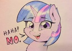 Size: 2500x1801 | Tagged: safe, artist:captainpudgemuffin, twilight sparkle, pony, unicorn, g4, alternate hairstyle, female, fluffy, haha no, looking at you, no, open mouth, reaction image, short mane, smiling, solo, traditional art