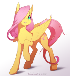 Size: 1300x1400 | Tagged: safe, artist:antiander, fluttershy, pegasus, pony, g4, crying, cute, female, hair over one eye, large wings, long ears, looking at you, mare, open mouth, raised hoof, realistic horse legs, shyabetes, simple background, solo, white background, wings
