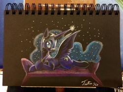 Size: 1280x960 | Tagged: safe, artist:tsitra360, nightmare moon, alicorn, pony, g4, commission, female, looking at you, prone, solo, spread wings, traditional art