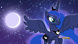 Size: 1023x575 | Tagged: safe, artist:azureprane, princess luna, g4, discovery family logo, female, moon, night, solo