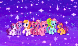 Size: 740x435 | Tagged: safe, screencap, cheerilee (g3), pinkie pie (g3), rainbow dash (g3), scootaloo (g3), starsong, sweetie belle (g3), toola-roola, g3, g3.5, waiting for the winter wishes festival, animated, core seven, female, male, smiling, stars