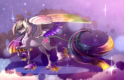 Size: 1400x900 | Tagged: safe, artist:deroko, twilight sparkle, alicorn, classical unicorn, pony, g4, beautiful, chest fluff, colored hooves, colored wings, curved horn, ethereal fetlocks, eyes closed, female, horn, leonine tail, mare, profile, rainbow power, solo, twilight sparkle (alicorn), unshorn fetlocks, wing fluff