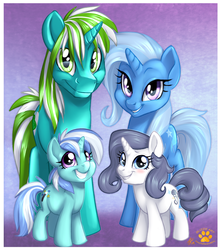 Size: 1057x1200 | Tagged: safe, artist:touchofsnow, trixie, oc, oc:pickles, oc:pixie, oc:stardust, pony, unicorn, g4, adopted offspring, canon x oc, female, male, mare, offspring, parent:oc:pickles, parent:trixie, parents:canon x oc, parents:trikles, shipping, straight, trikles