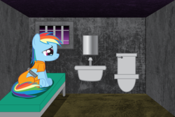 Size: 3320x2213 | Tagged: safe, artist:spellboundcanvas, rainbow dash, g4, bound wings, clothes, crying, high res, prison, prison outfit, prisoner rd, sad, sink, toilet, wing cuffs