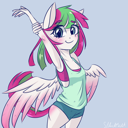 Size: 900x900 | Tagged: safe, artist:silbersternenlicht, blossomforth, pegasus, anthro, g4, adoraforth, armpits, blushing, clothes, colored wings, cute, female, gradient wings, looking at you, shorts, signature, simple background, solo, sports bra, spread wings, stretching, tank top, wings