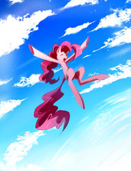 Size: 690x900 | Tagged: safe, artist:skyeypony, pinkie pie, g4, cloud, cloudy, female, happy, motion blur, sky, solo