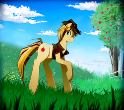 Size: 900x800 | Tagged: dead source, safe, artist:skyeypony, braeburn, earth pony, pony, g4, apple tree, clothes, cloud, cloudy, grass, hat, male, scenery, sky, smiling, solo, stallion, tree, vest