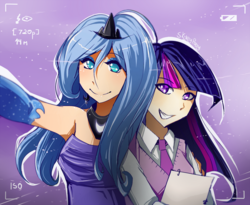 Size: 900x738 | Tagged: safe, artist:skyeypony, princess luna, twilight sparkle, human, g4, armpits, humanized, selfie