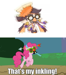 Size: 960x1080 | Tagged: safe, edit, edited screencap, screencap, pinkie pie, earth pony, pony, g4, griffon the brush off, arrow through hat, callie, female, glasses, image macro, mare, meme, party horn, splatoon, that's my x