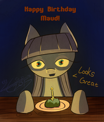 Size: 987x1155 | Tagged: safe, artist:liracrown, maud pie, g4, birthday, candle, candlelight, dark, dialogue, hooves on the table, plate, rock, table, text