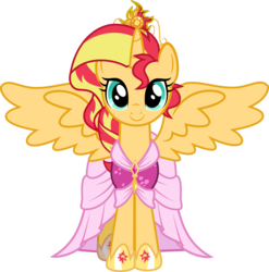 Size: 3500x3548 | Tagged: dead source, safe, artist:xebck, edit, vector edit, sunset shimmer, alicorn, pony, equestria girls, g4, magical mystery cure, alicornified, alternate universe, big crown thingy, clothes, clothes swap, coronation dress, crown, cute, dress, element of empathy, element of forgiveness, female, front, high res, jewelry, looking at you, race swap, regalia, shimmerbetes, shimmercorn, simple background, smiling, solo, tiara, transparent background, vector