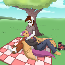 Size: 1000x1000 | Tagged: safe, artist:caroo, pipsqueak, scootaloo, anthro, plantigrade anthro, g4, barefoot, blanket, blushing, clothes, cutie mark crusaders non escape artists, ear piercing, feet, female, grass, jeans, male, older, pants, piercing, ripped jeans, scarf, ship:scootasqueak, shipping, shoes off, shoes removed, sleeping, straight