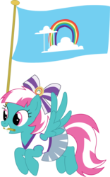 Size: 2082x3340 | Tagged: safe, artist:sketchmcreations, spring step, sunlight spring, pegasus, pony, equestria games (episode), g4, bow, cheerleader, clothes, cloudsdale, cloudsdale flag, female, flag, flying, hair bow, high res, mare, mouth hold, simple background, skirt, solo, spread wings, transparent background, vector