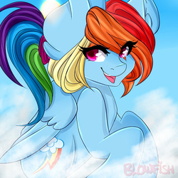 Size: 1000x1000 | Tagged: safe, artist:blowfishartist, rainbow dash, g4, alternate hairstyle, cloud, cloudy, female, ponytail, smiling, solo