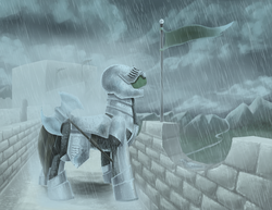 Size: 1600x1236 | Tagged: safe, artist:pixel-prism, oc, oc only, oc:sir landslide, earth pony, pony, armor, axe, battle axe, fantasy class, knight, male, rain, solo, stallion, warrior, weapon