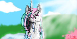 Size: 1280x645 | Tagged: safe, artist:twizzler787, princess celestia, g4, annoyed, female, looking at you, solo, wet, wet mane