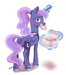 Size: 803x900 | Tagged: safe, artist:sion, princess luna, g4, blushing, butt, caught, donut, female, levitation, looking at you, looking back, magic, plot, solo, telekinesis