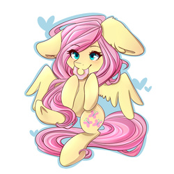 Size: 1000x1000 | Tagged: dead source, safe, artist:blowfishartist, fluttershy, pegasus, pony, g4, donut, ear fluff, eating, female, floppy ears, mouth hold, on back, solo, spread wings