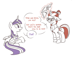 Size: 1063x847 | Tagged: safe, artist:inlucidreverie, moondancer, twilight sparkle, alicorn, pony, g4, female, magic, mare, sketch, speech bubble, twilight sparkle (alicorn)