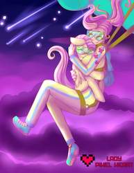 Size: 2975x3850 | Tagged: safe, artist:ladypixelheart, fluttershy, human, g4, acrophobia, air ponyville, boob smothering, clothes, cute, goggles, high res, hug, human ponidox, humanized, jumpsuit, parachute, scared, shyabetes, skydiving