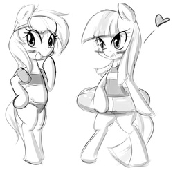 Size: 1520x1494 | Tagged: safe, artist:randy, oc, oc only, oc:aryanne, earth pony, pony, bikini, bipedal, blushing, clothes, dive mask, female, grayscale, heart, inner tube, laughing, monochrome, sketch, solo, swimsuit, water wings