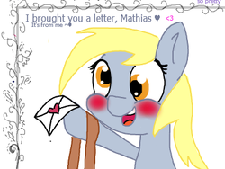 Size: 384x289 | Tagged: safe, artist:lockheart, derpy hooves, g4, bag, blushing, cute, female, flockmod, heart, letter, mailbag, solo, text