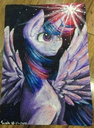 Size: 531x720 | Tagged: safe, artist:iponylover, twilight sparkle, alicorn, pony, g4, female, glowing horn, horn, mare, solo, spread wings, traditional art, twilight sparkle (alicorn)