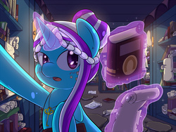 Size: 1200x900 | Tagged: safe, artist:tikrs007, oc, oc only, oc:treatise charm, pony, unicorn, book, key, librarian, library, looking at you, magic, scroll, solo, telekinesis