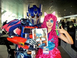 Size: 960x720 | Tagged: safe, artist:sarahndipity cosplay, idw, pinkie pie, bronycon, bronycon 2014, equestria girls, g4, my little pony equestria girls: rainbow rocks, clothes, cosplay, costume, irl, optimus prime, photo, transformers