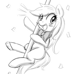 Size: 2378x2378 | Tagged: safe, artist:randy, edit, oc, oc only, oc:cherry blossom, earth pony, pony, black and white, bow, confetti, dancing, female, grayscale, happy, high res, horseshoes, monochrome, neck bow, open mouth, outline, pole, smiling, solo, stripper, stripper pole