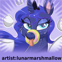 Size: 1024x1024 | Tagged: safe, artist:lunarmarshmallow, derpibooru exclusive, princess luna, derpibooru, g4, :p, bedroom eyes, blushing, donut, donutsnootle, female, fluffy, implied ponut, looking at you, marshmallow, meta, official spoiler image, smiling, solo, spoilered image joke, sweat, tongue out