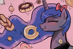 Size: 1125x750 | Tagged: safe, artist:lumineko, princess luna, pony, g4, 30 minute art challenge, blushing, bow, cute, donut, eating, eyes closed, female, hair bow, mare, solo, stuffing, sweets, this will end in weight gain