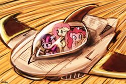 Size: 1125x750 | Tagged: safe, artist:lumineko, fluttershy, pinkie pie, twilight sparkle, earth pony, pegasus, pony, unicorn, g4, 30 minute art challenge, chrono trigger, crossover, epoch, female, floppy ears, flying, mare, open mouth, scared, smiling, smirk, time travel, underhoof, wavy mouth