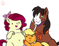 Size: 1024x808 | Tagged: dead source, safe, artist:hateful-minds, applejack, cherry jubilee, trouble shoes, earth pony, pony, g4, belly, belly button, bisexual, bruised, cherryshoes, female, lesbian, lesbian in front of boys, lucky bastard, male, mare, parents:cherryshoes, polyamory, pregnant, ship:cherryjack, shipping, stallion, straight, trouble shoes gets all the mares, troublejack