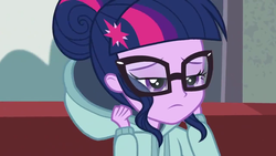 Size: 1280x720 | Tagged: safe, screencap, sci-twi, twilight sparkle, human, equestria girls, g4, my little pony equestria girls: friendship games, clothes, female, glasses, hoodie, rain, sitting, solo, sweater, twilight sparkle is not amused, unamused