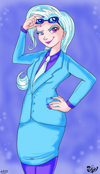 Size: 504x873 | Tagged: safe, artist:jowyb, trixie, human, g4, business suit, clothes, dress, dress suit, female, glasses, humanized, looking at you, nail polish, necktie, skirt, smiling, smirk, solo, suit, tube skirt