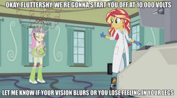 Size: 991x550 | Tagged: safe, edit, edited screencap, screencap, fluttershy, sunset shimmer, equestria girls, g4, my little pony equestria girls: friendship games, the science of magic, boots, caption, clothes, gloves, image macro, lab coat, meme, musical instrument, sunset the science gal, tambourine, text, thumbs up