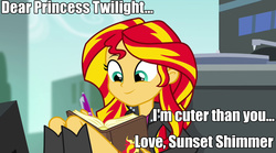 Size: 1280x714 | Tagged: safe, edit, screencap, sunset shimmer, twilight sparkle, equestria girls, g4, my little pony equestria girls: rainbow rocks, book, cute, female, image macro, meme, rivalry, shimmerbetes, sitting, smiling, solo, text, writing