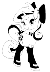 Size: 510x726 | Tagged: safe, artist:gezawatt, oc, oc only, oc:lilith, pony, succubus, unicorn, bedroom eyes, boots, bow, clothes, collar, cutie mark, digital art, earring, eyeshadow, female, freckles, gloves, hair bow, latex, leggings, looking at you, makeup, mare, monochrome, piercing, pixel art, plump, ribbon, socks, solo, stockings, tail, thigh highs