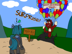 Size: 1600x1200 | Tagged: safe, artist:kassc, oc, oc only, oc:losian, oc:synch, changeling, earth pony, pony, balloon, cliff, cloud, cloudy, colorful, emoticon, exclamation point, fulton surface-to-air recovery system, happy, happy birthday, heart, hill, lonch, male, rear view, sign, sky, stallion, strings, unshorn fetlocks