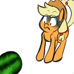 Size: 586x583 | Tagged: safe, artist:whale, applejack, g4, cowboy hat, eyes on the prize, female, hat, scared, solo, stetson, watermelon