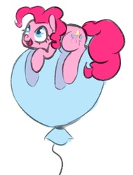 Size: 390x514 | Tagged: safe, artist:whale, pinkie pie, earth pony, pony, g4, balloon, female, looking up, mare, open mouth, open smile, prone, simple background, smiling, solo, that pony sure does love balloons, then watch her balloons lift her up to the sky, white background