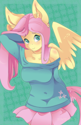 Size: 1100x1700 | Tagged: safe, artist:zowieblaze, fluttershy, anthro, g4, blushing, clothes, female, looking at you, skirt, solo, sweater, sweatershy