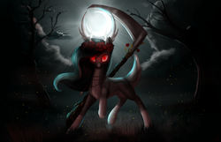 Size: 3883x2500 | Tagged: safe, artist:alicjaspring, oc, oc only, deer, firefly (insect), glowing eyes, high res, moon, night, red eyes, rose crown, scythe, solo